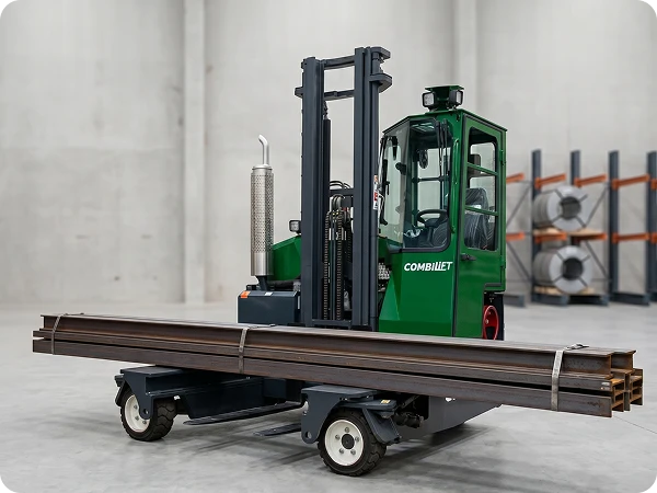 Multidirectional forklift carrying a long steel bar