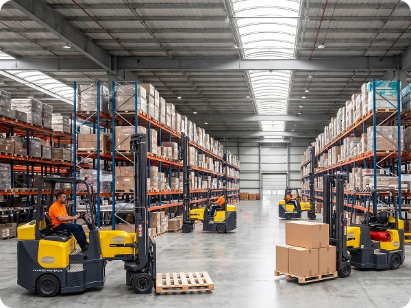 Forklifts moving pallets inside a warehouse aisle