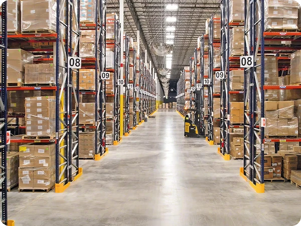 Tall narrow-aisle warehouse storage racking