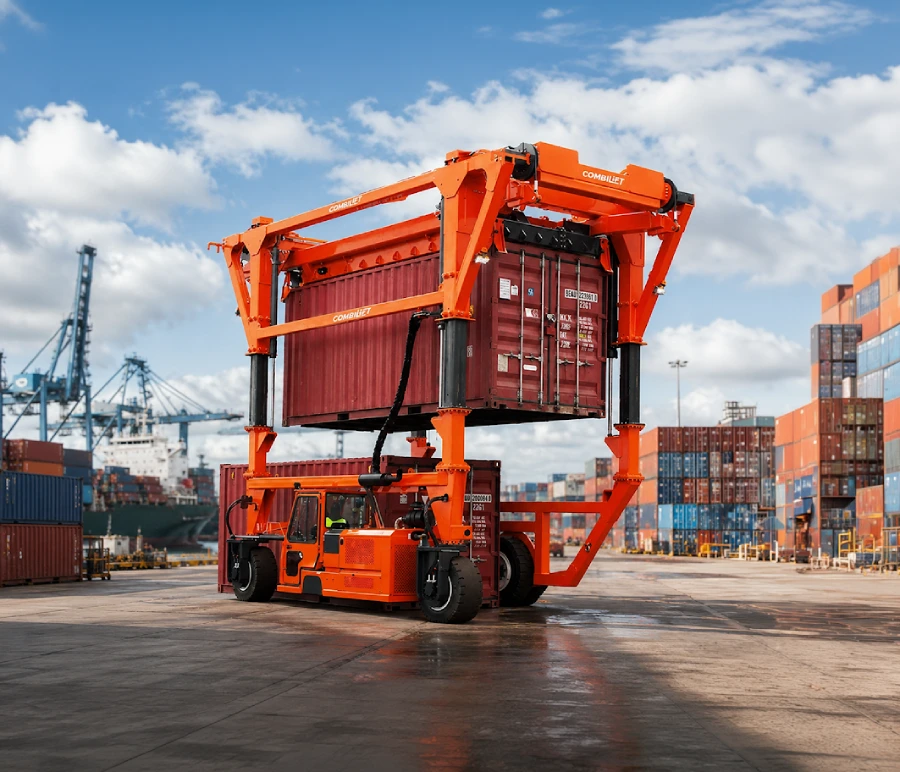 Straddle carrier lifting a shipping container at a port yard