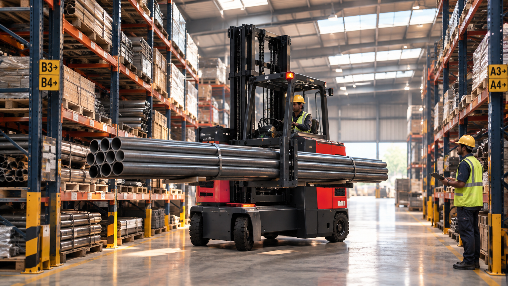 Multidirectional forklift in an Indian warehouse