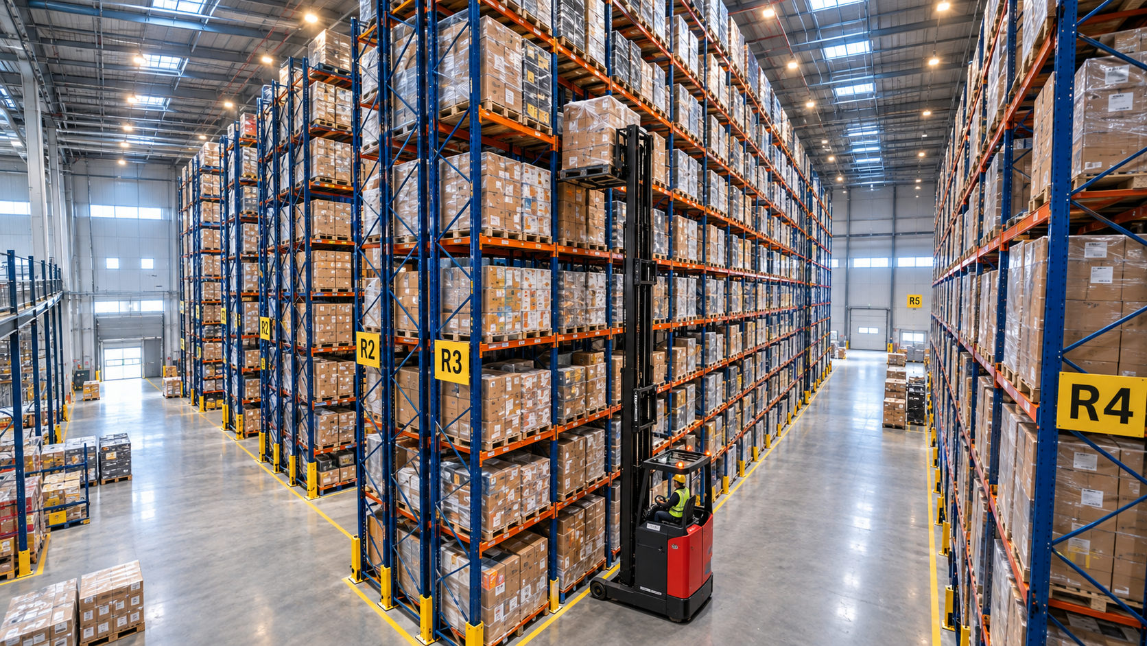 Warehouse racking and storage system maximizing floor space