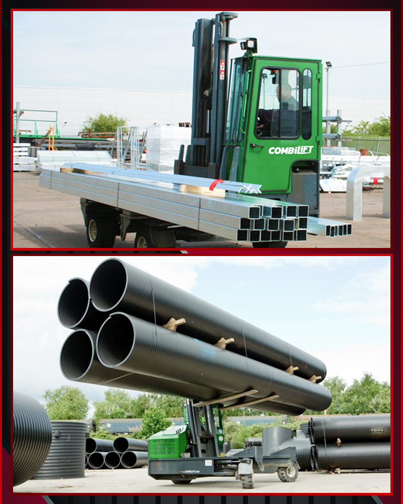 Steel coils stored in a warehouse — long and heavy loads handled by multidirectional trucks
