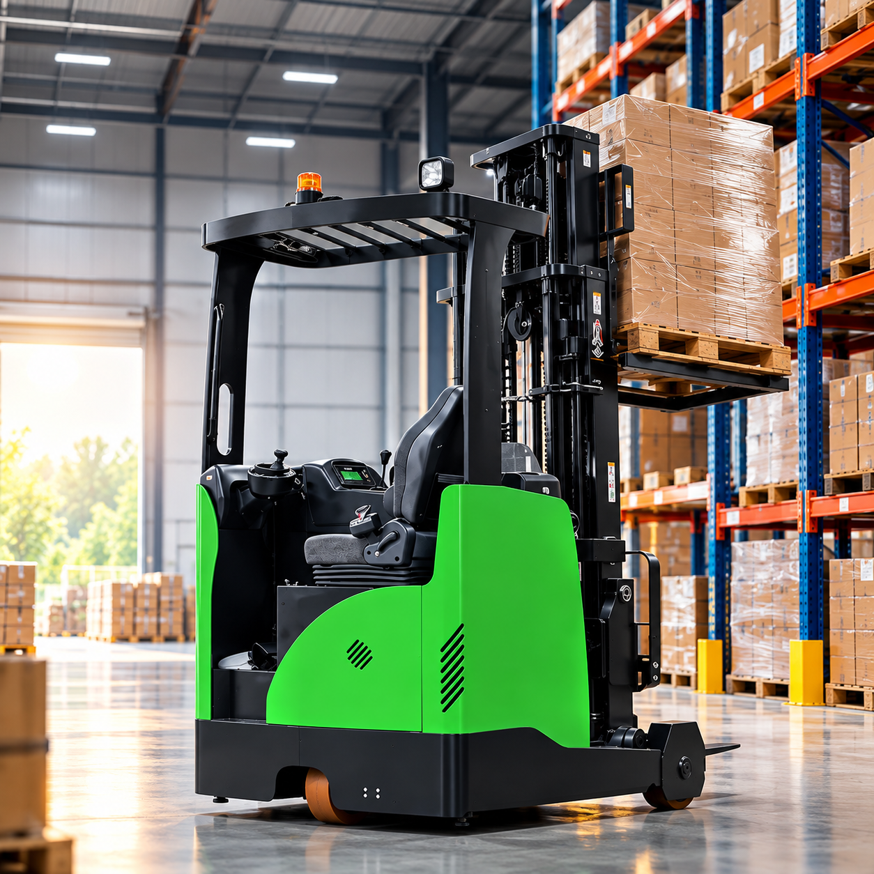 Reach truck forklift for narrow aisle warehouse storage in Chennai and Tamil Nadu