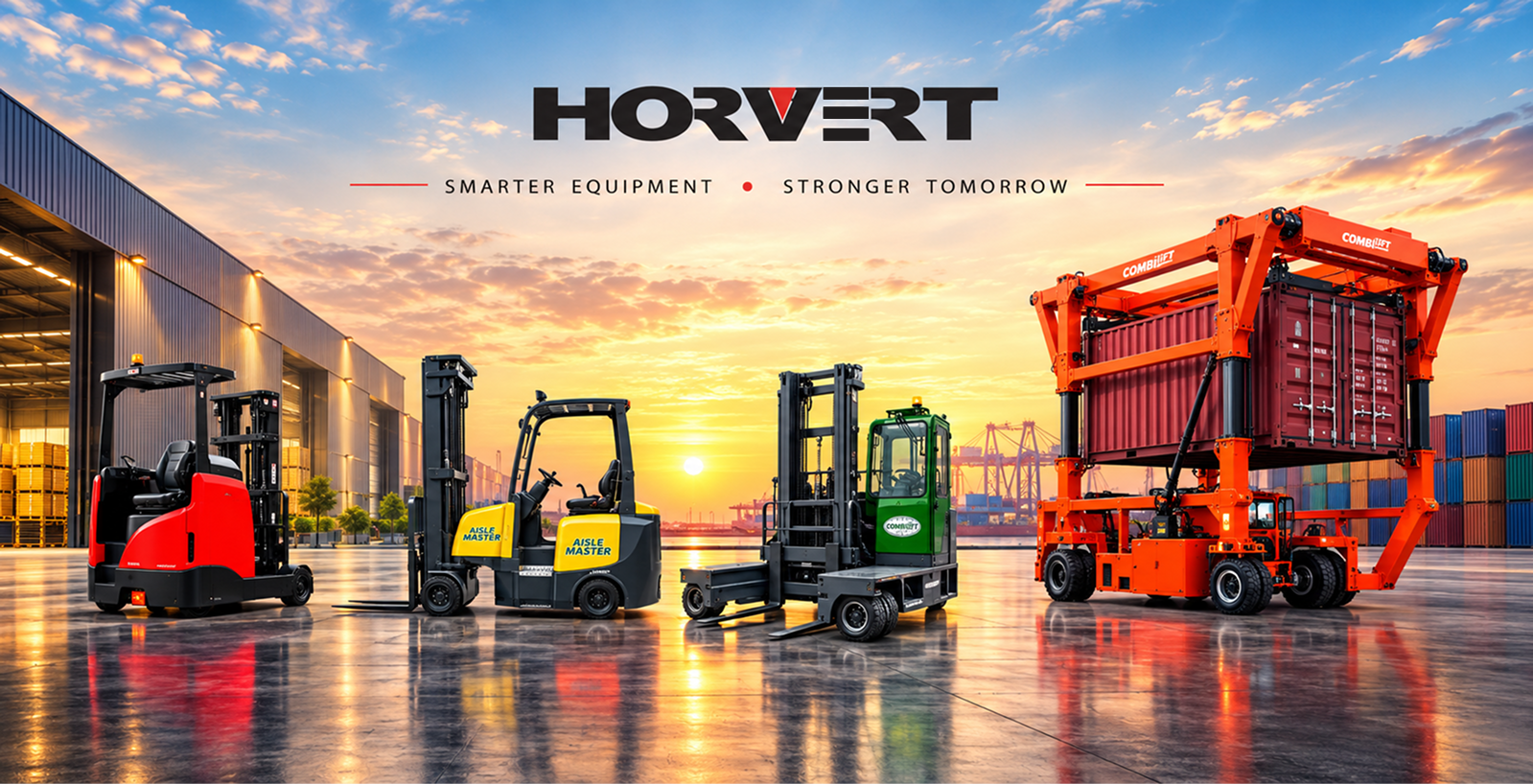Horvert material handling equipment lineup — multidirectional truck, reach truck, aisle master and straddle carrier used across Chennai and Tamil Nadu warehouses